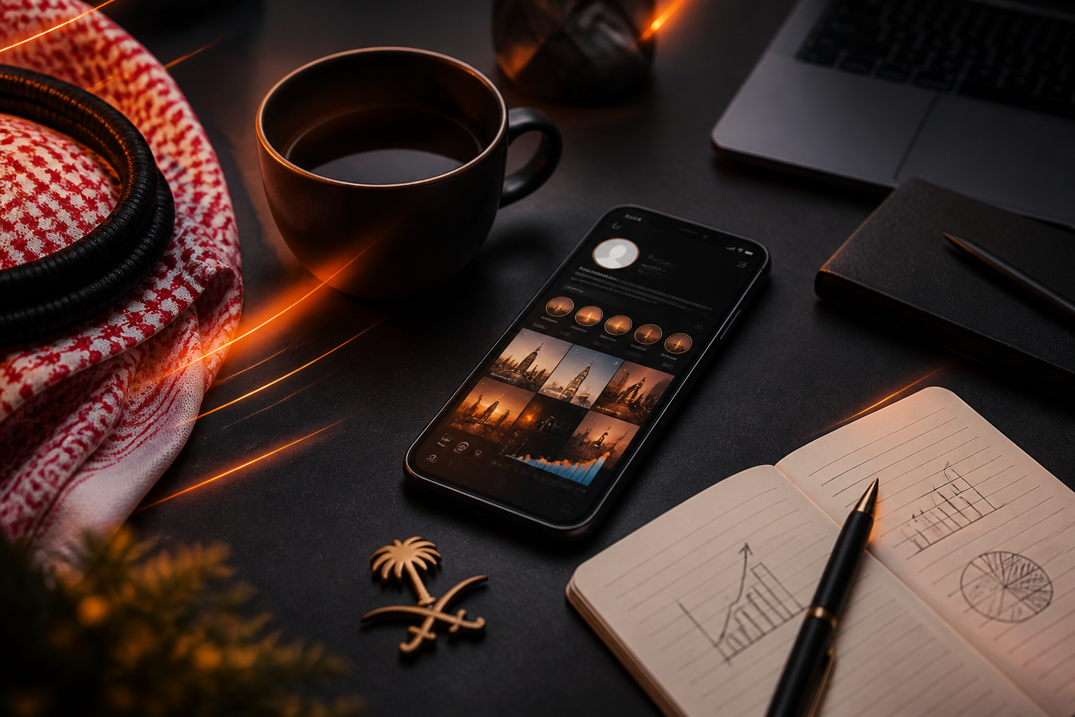 هاتف ذكي يعرض إحصائيات نمو حساب إنستقرام على مكتب عمل في السعودية