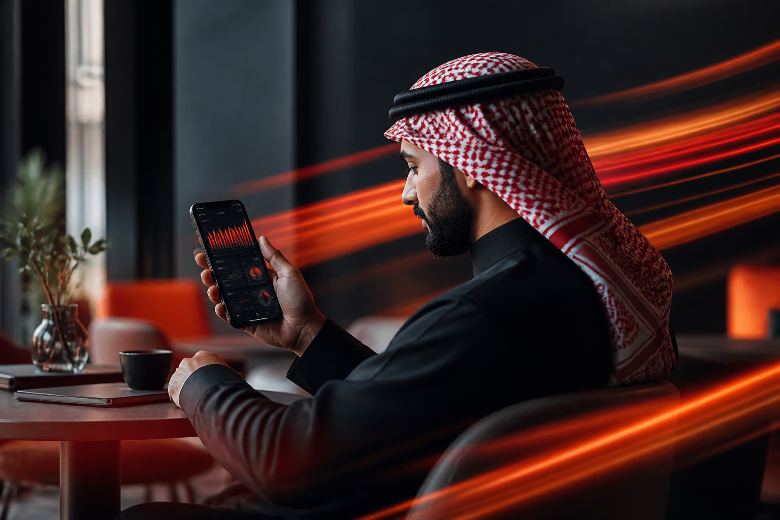 رائد أعمال سعودي يتابع مؤشرات أداء حملة إعلانات سناب شات في الرياض