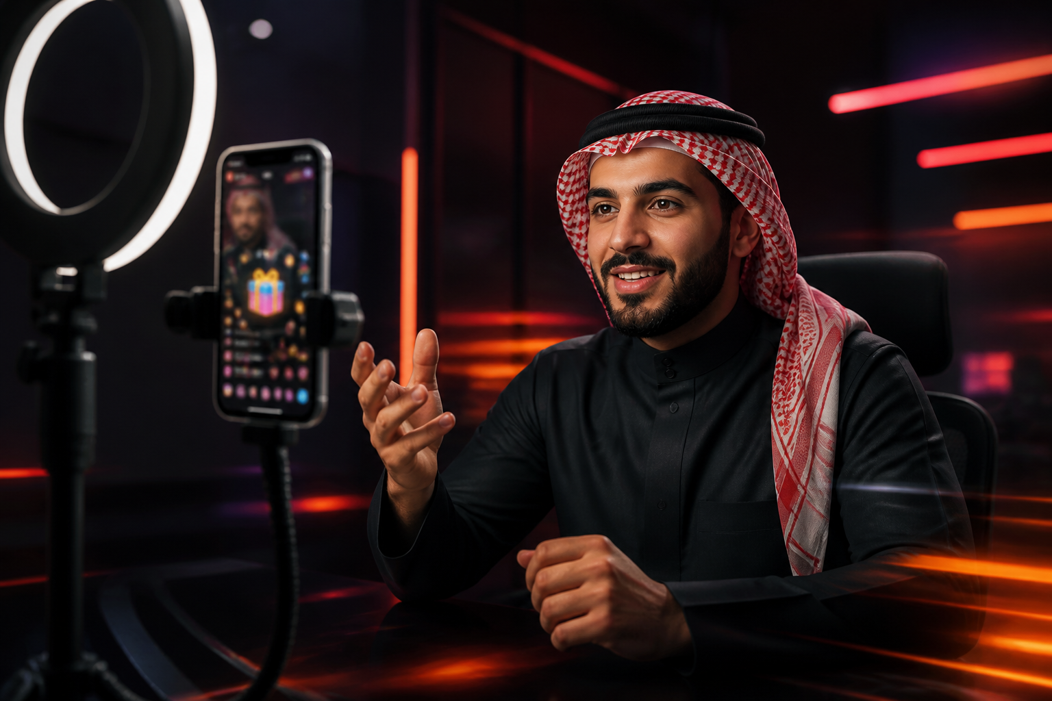صانع محتوى عربي يقدم بث لايف تيك توك مع ظهور تأثيرات الهدايا التفاعلية