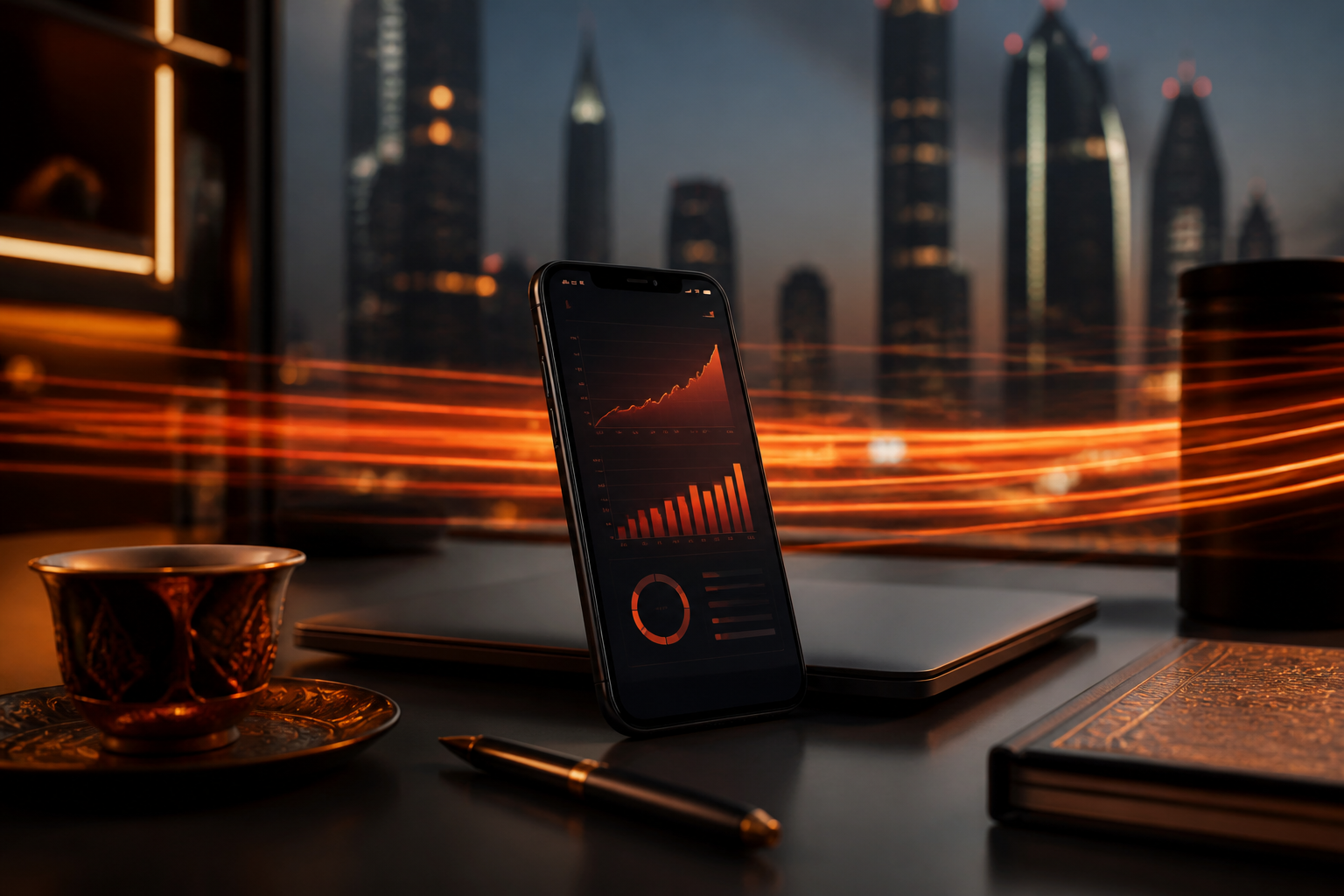 هاتف ذكي على مكتب يعرض تحليلات نمو تيك توك في بيئة عمل خليجية